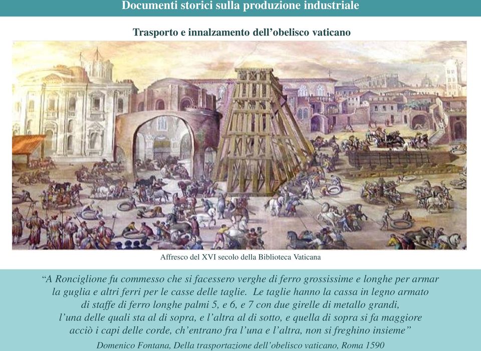 Le taglie hanno la cassa in legno armato di staffe di ferro longhe palmi 5, e 6, e 7 con due girelle di metallo grandi, l una delle quali sta al di sopra, e l