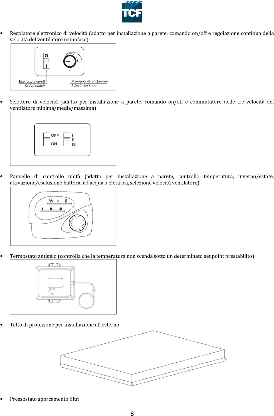 per installazione a parete, controllo temperatura, inverno/estate, attivazione/esclusione batteria ad acqua o elettrica, selezione velocità ventilatore) Termostato