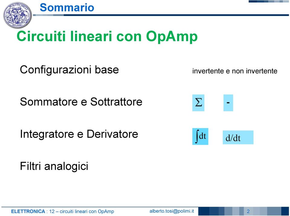 - Integratore e Deriatore Filtri analogici dt d/dt