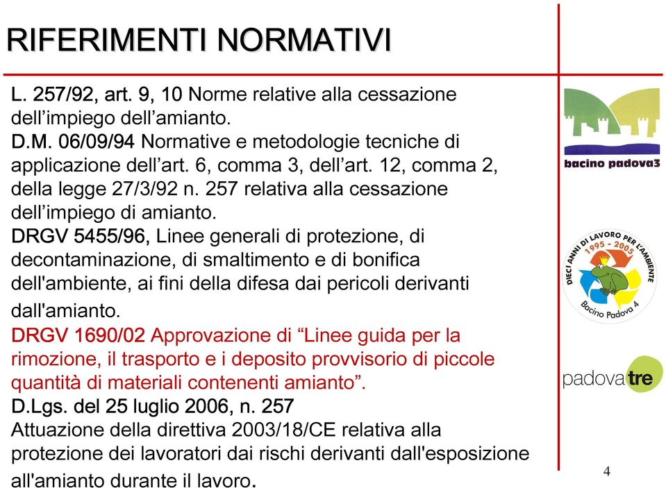 DRGV 5455/96, Linee generali di protezione, di decontaminazione, di smaltimento e di bonifica dell'ambiente, ai fini della difesa dai pericoli derivanti dall'amianto.