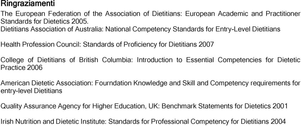 Dietitians of British Columbia: Introduction to Essential Competencies for Dietetic Practice 2006 American Dietetic Association: Fourndation Knowledge and Skill and Competency
