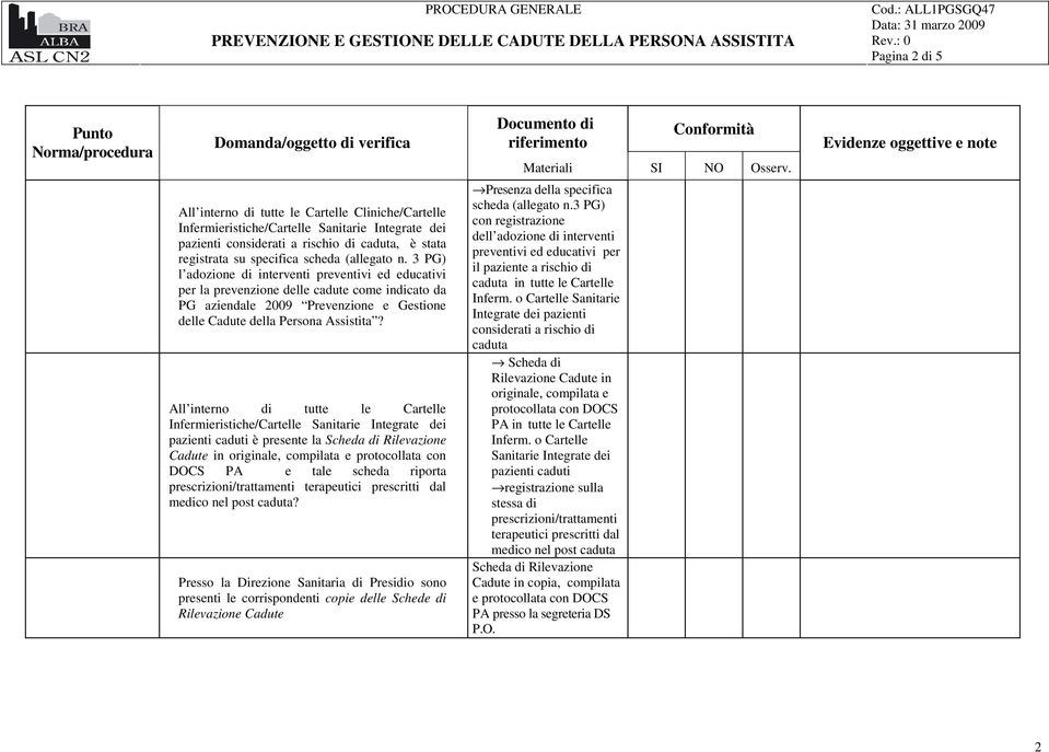 All interno di tutte le Cartelle pazienti caduti è presente la Scheda di Rilevazione Cadute in originale, compilata e protocollata con DOCS PA e tale scheda riporta prescrizioni/trattamenti