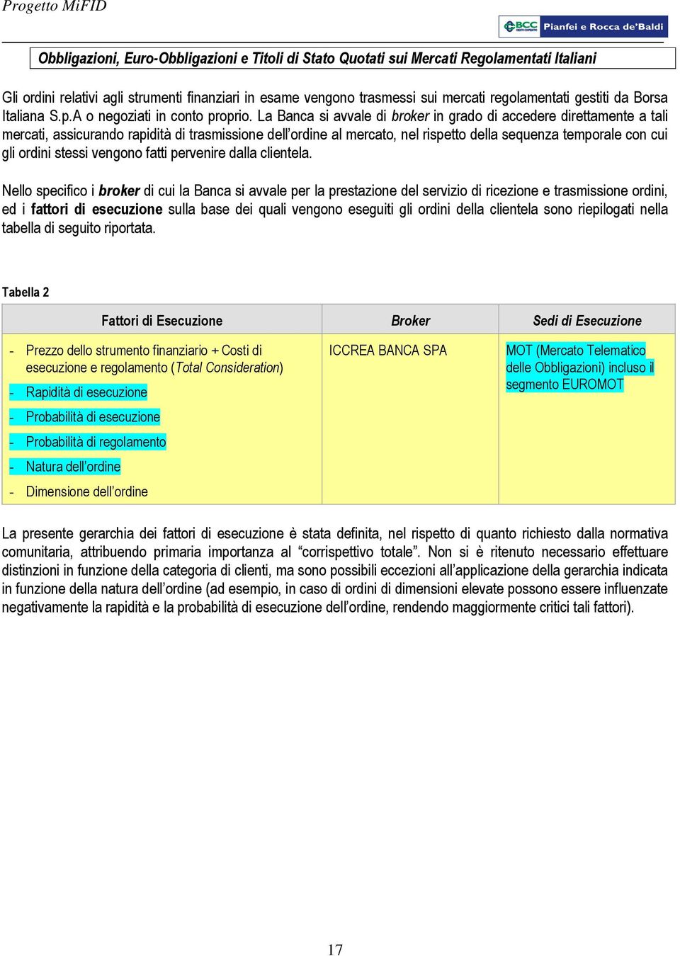 La Banca si avvale di broker in grado di accedere direttamente a tali mercati, assicurando rapidità di trasmissione dell ordine al mercato, nel rispetto della sequenza temporale con cui gli ordini