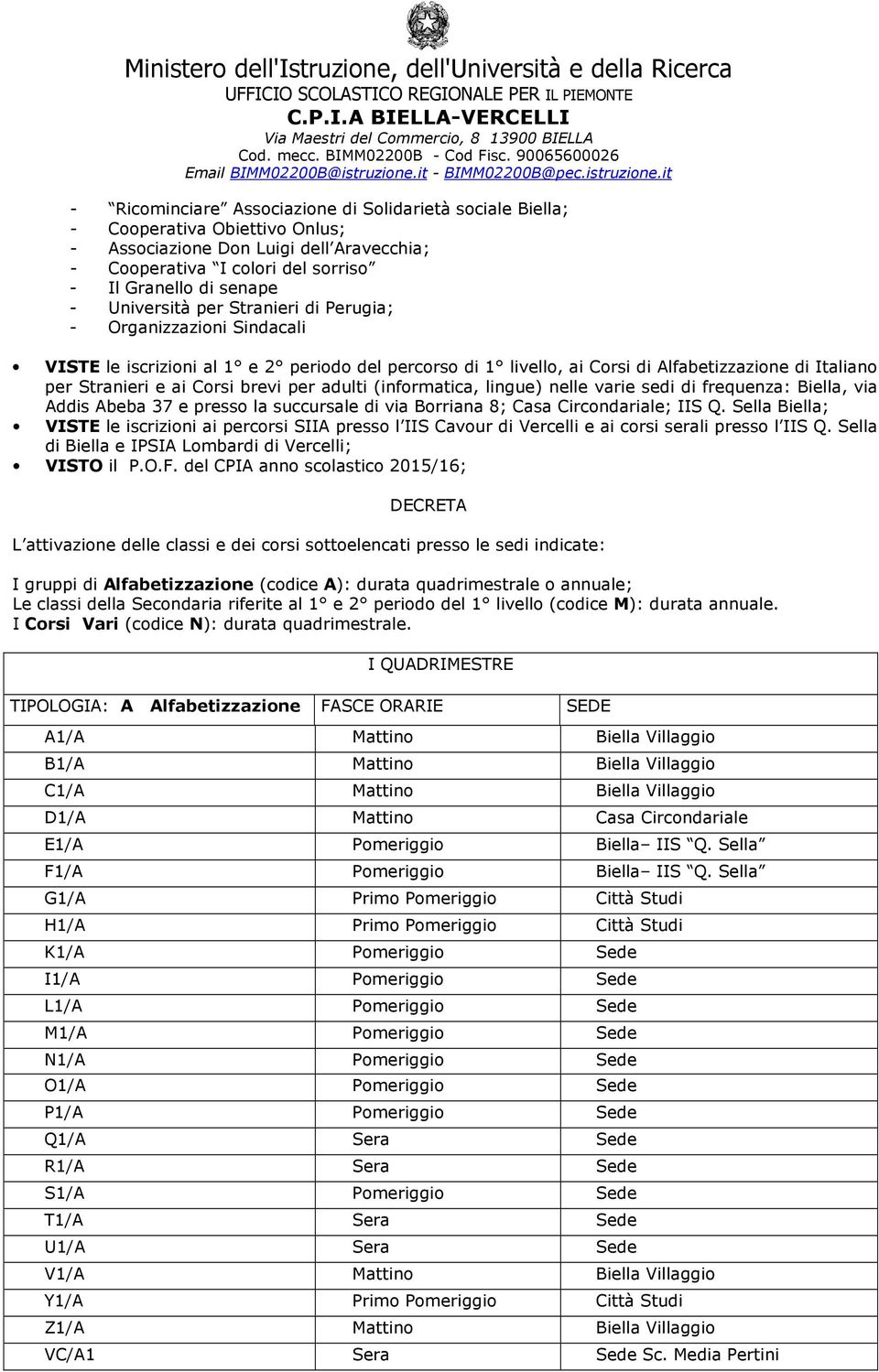 per adulti (informatica, lingue) nelle varie sedi di frequenza: Biella, via Addis Abeba 37 e presso la succursale di via Borriana 8; Casa Circondariale; IIS Q.