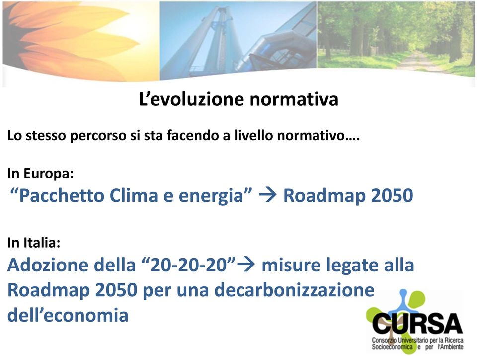 In Europa: Pacchetto Clima e energia Roadmap 2050 In