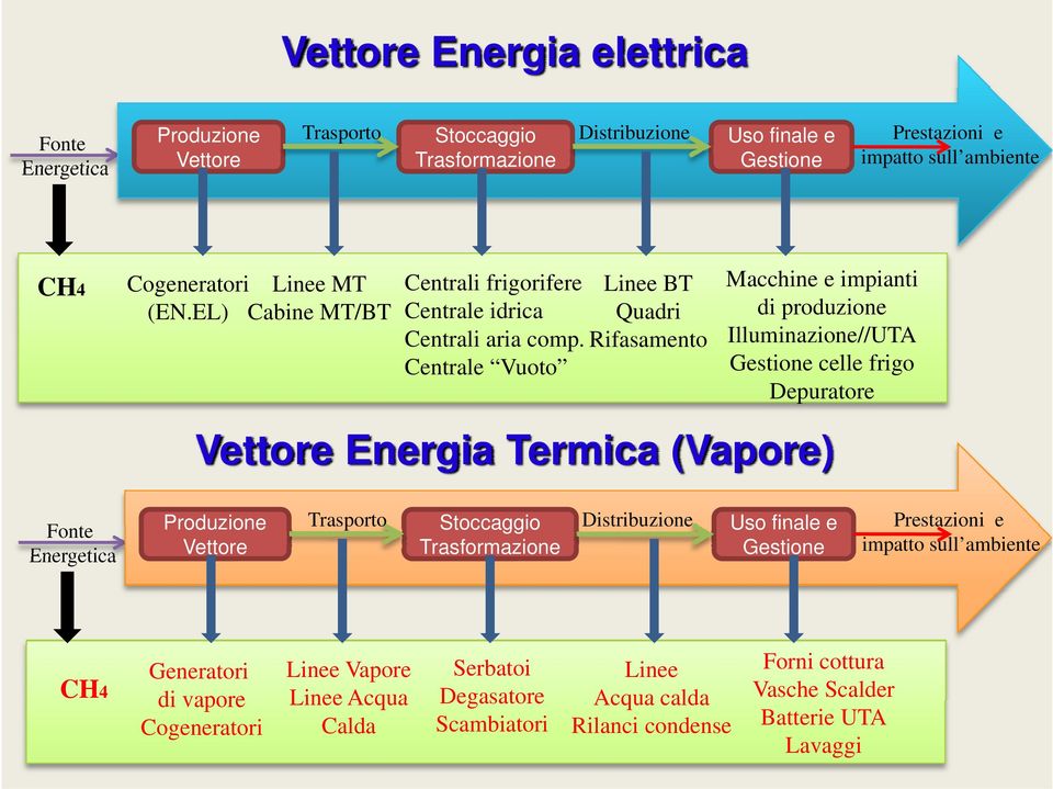 Rifasamento Centrale Vuoto Macchine e impianti di produzione Illuminazione//UTA Gestione celle frigo Depuratore Vettore Energia Termica (Vapore) Fonte Energetica Produzione Vettore Trasporto