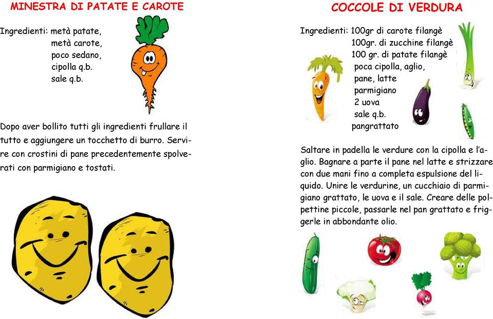 di patate filangè poca cipolla, aglio, pane, latte parmigiano 2 uova pangrattato Saltare in padella le verdure con la cipolla e l aglio.