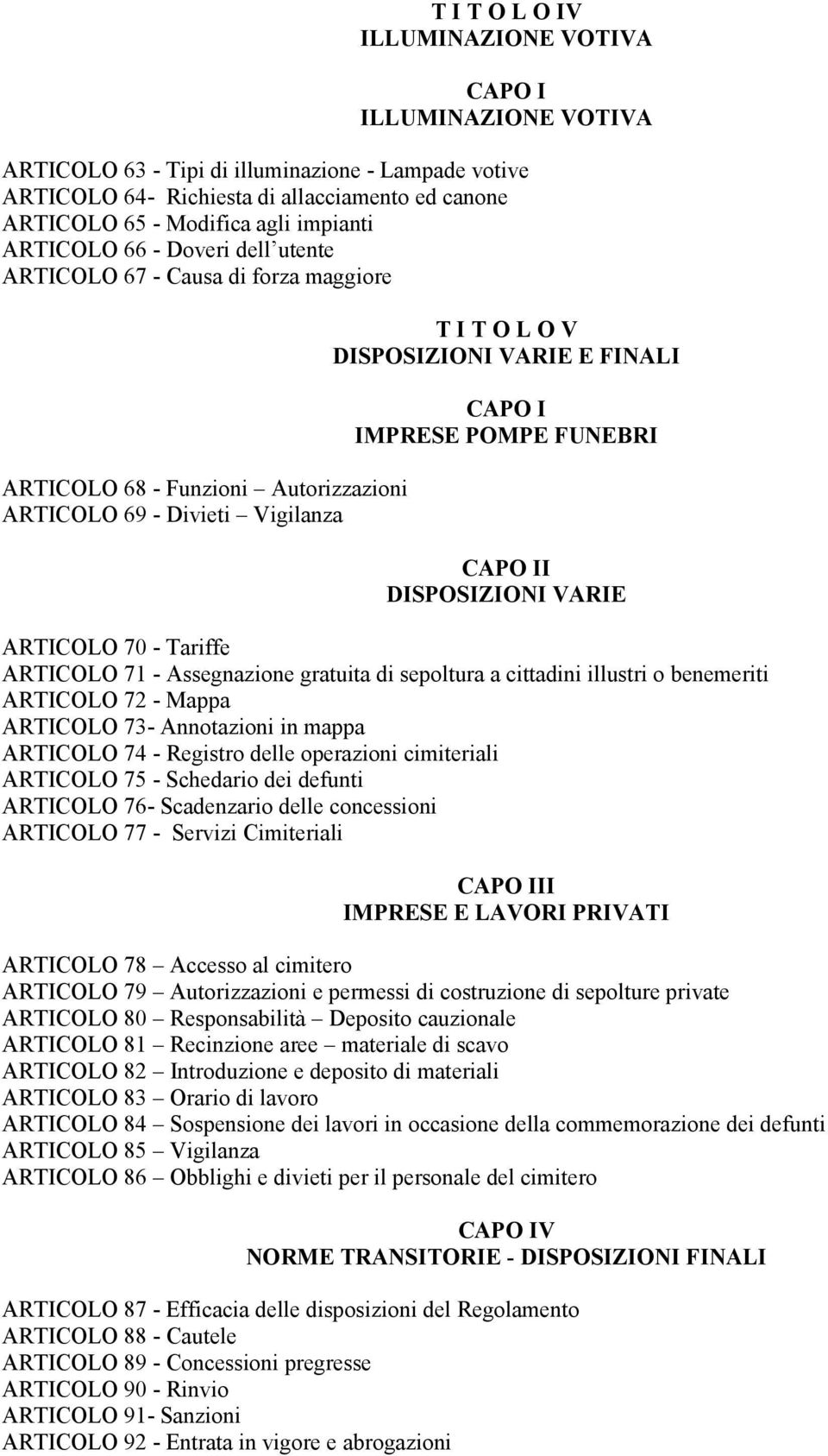 IMPRESE POMPE FUNEBRI CAPO II DISPOSIZIONI VARIE ARTICOLO 70 - Tariffe ARTICOLO 71 - Assegnazione gratuita di sepoltura a cittadini illustri o benemeriti ARTICOLO 72 - Mappa ARTICOLO 73- Annotazioni