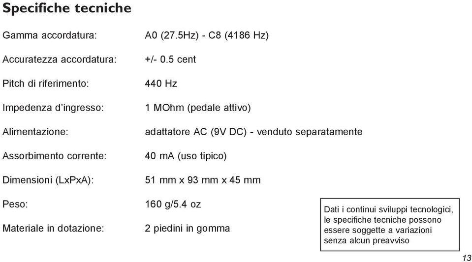 5 cent 440 Hz 1 MOhm (pedale attivo) adattatore AC (9V DC) - venduto separatamente 40 ma (uso tipico) 51 mm x 93 mm x 45 mm