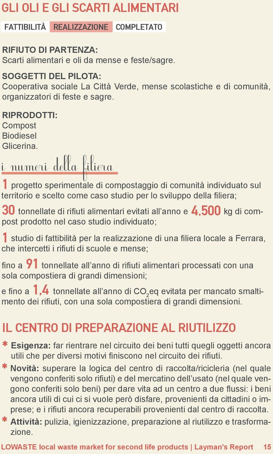 i numeri della filiera 1 progetto sperimentale di compostaggio di comunità individuato sul territorio e scelto come caso studio per lo sviluppo della filiera; 30 kg di com- tonnellate di rifiuti