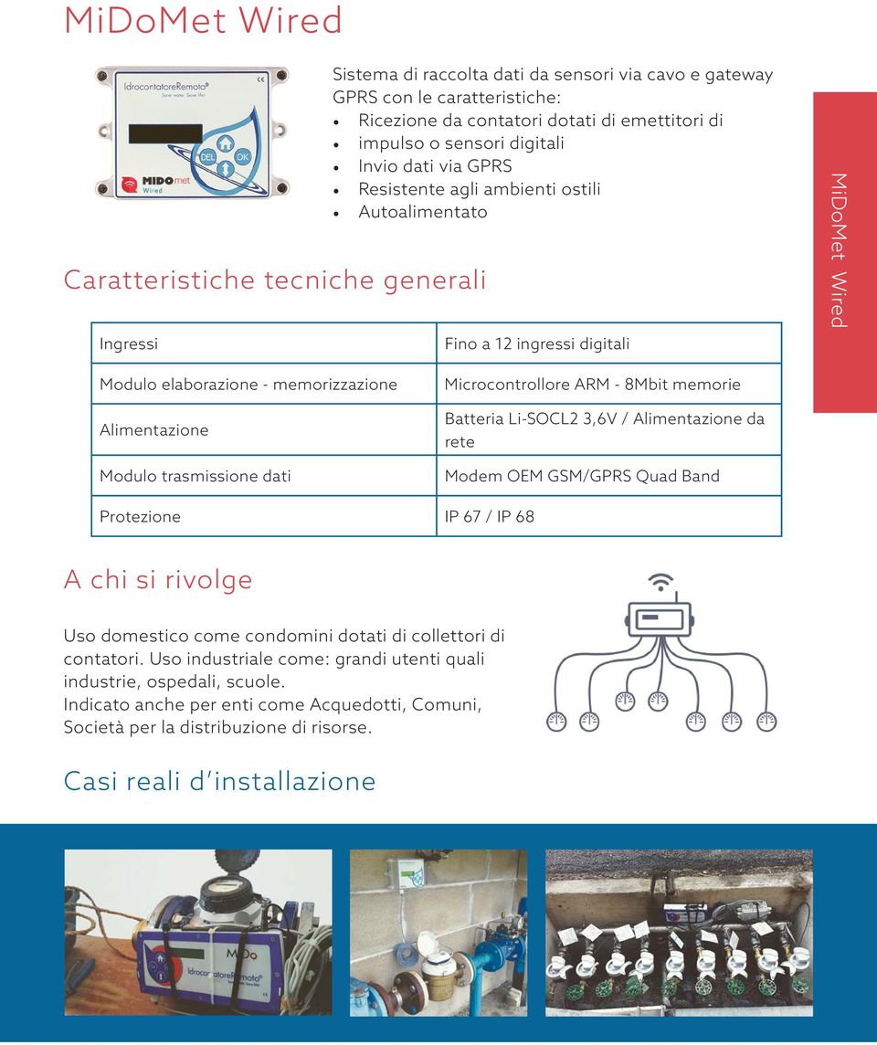 dati Microcontrollore ARM - 8Mbit memorie Batteria Li-SOCL2 3,6V / Alimentazione da rete Modem OEM GSM/GPRS Quad Band Protezione IP 67 / IP 68 A chi si rivolge Uso domestico come condomini dotati di