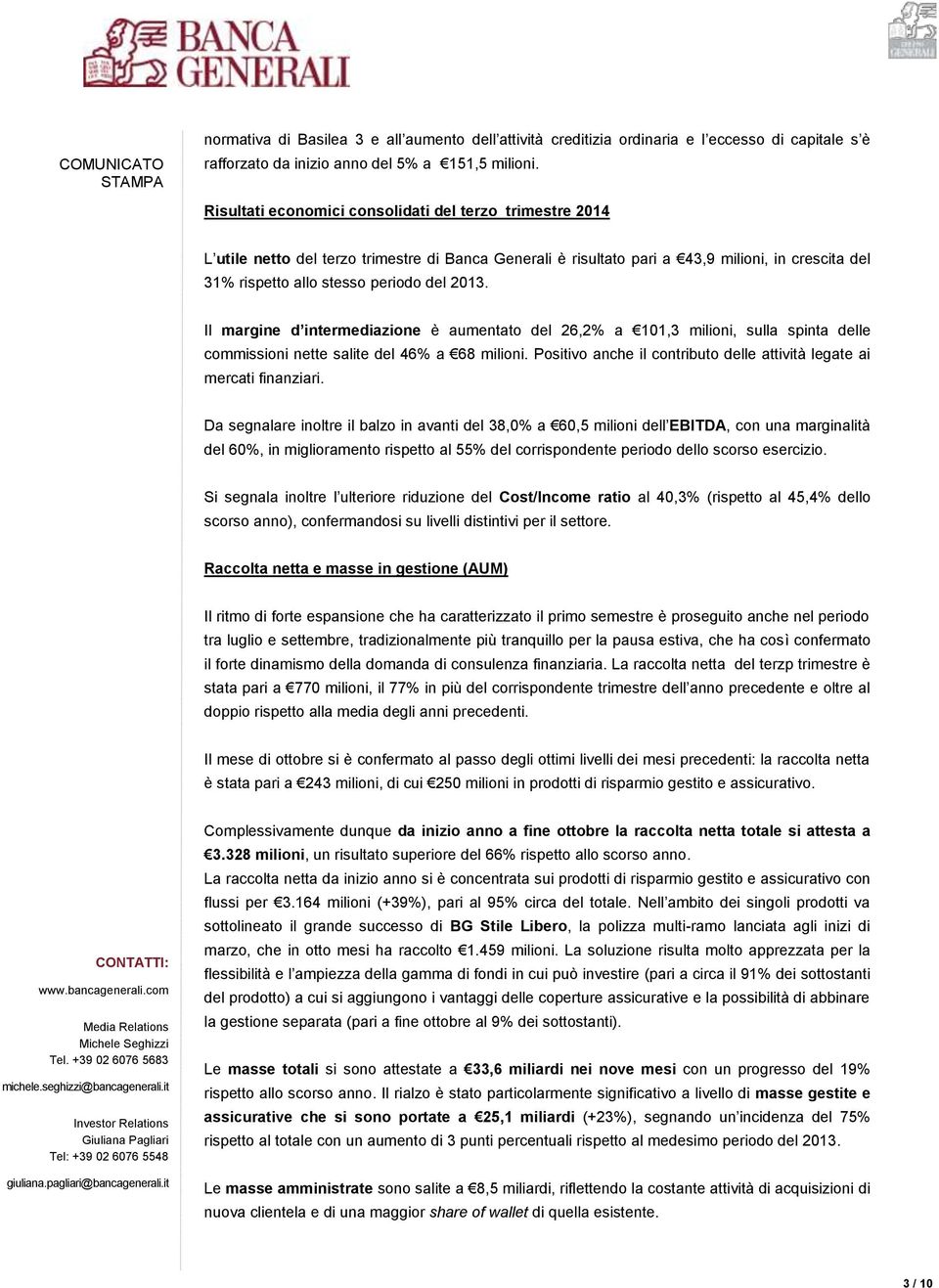 Il margine d intermediazione è aumentato del 26,2% a 101,3 milioni, sulla spinta delle commissioni nette salite del 46% a 68 milioni.