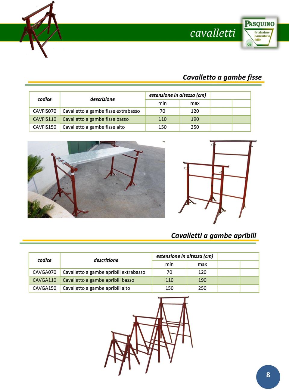 250 Cavalletti a gambe apribili estensione in altezza (cm) min max CAVGA070 Cavalletto a gambe apribili
