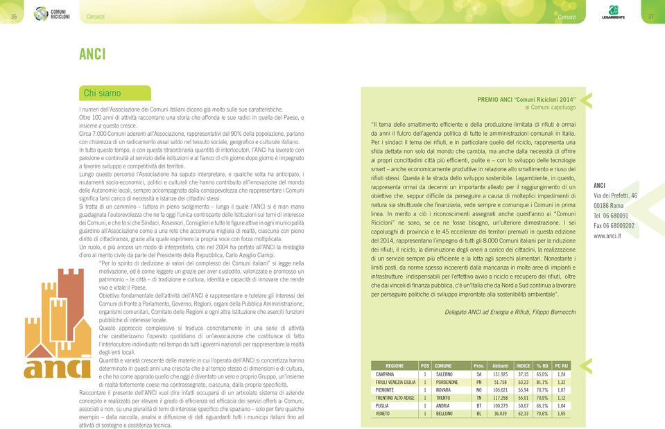 000 Comuni aderenti all Associazione, rappresentativi del 90% della popolazione, parlano con chiarezza di un radicamento assai saldo nel tessuto sociale, geografico e culturale italiano.