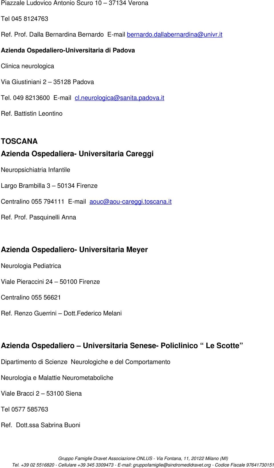 Battistin Leontino TOSCANA Azienda Ospedaliera- Universitaria Careggi Neuropsichiatria Infantile Largo Brambilla 3 50134 Firenze Centralino 055 794111 E-mail aouc@aou-careggi.toscana.it Ref. Prof.