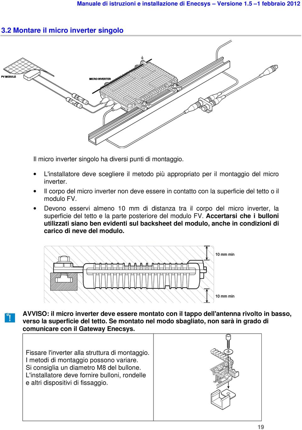 Devono esservi almeno 10 mm di distanza tra il corpo del micro inverter, la superficie del tetto e la parte posteriore del modulo FV.