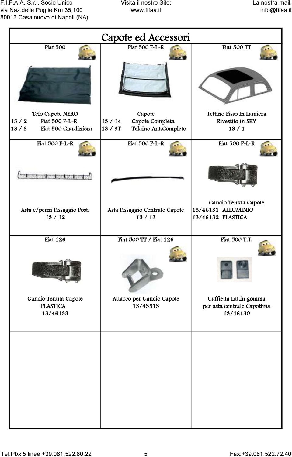 Completo 13 / 1 Fiat 500 F-L-R Fiat 500 F-L-R Fiat 500 F-L-R Gancio Tenuta Capote Asta c/perni Fissaggio Post.