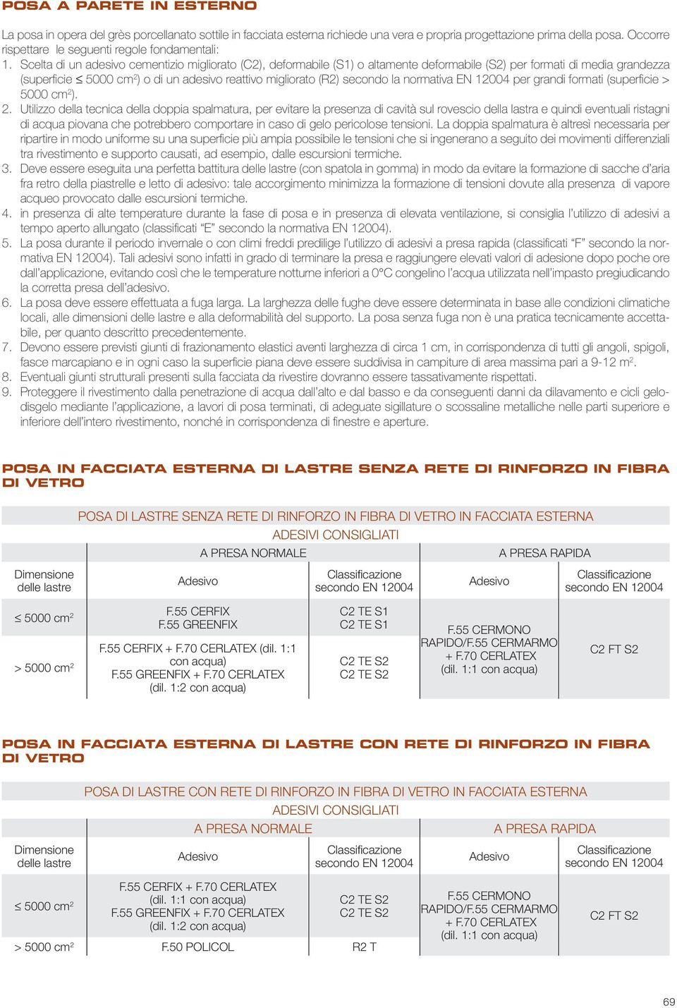 Scelta di un adesivo cementizio migliorato (C2), deformabile (S1) o altamente deformabile (S2) per formati di media grandezza (superficie 5000 cm 2 ) o di un adesivo reattivo migliorato (R2) secondo