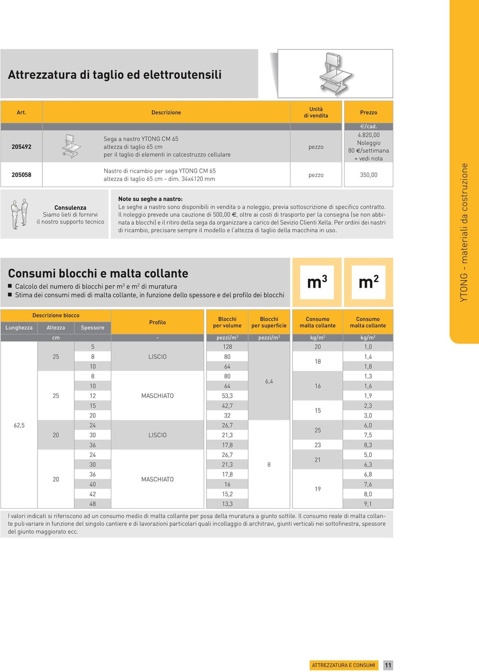 34x4120 mm Consumi blocchi e malta collante n Calcolo del numero di blocchi per m 3 e m 2 di muratura n Stima dei consumi medi di malta collante, in funzione dello spessore e del profilo dei blocchi