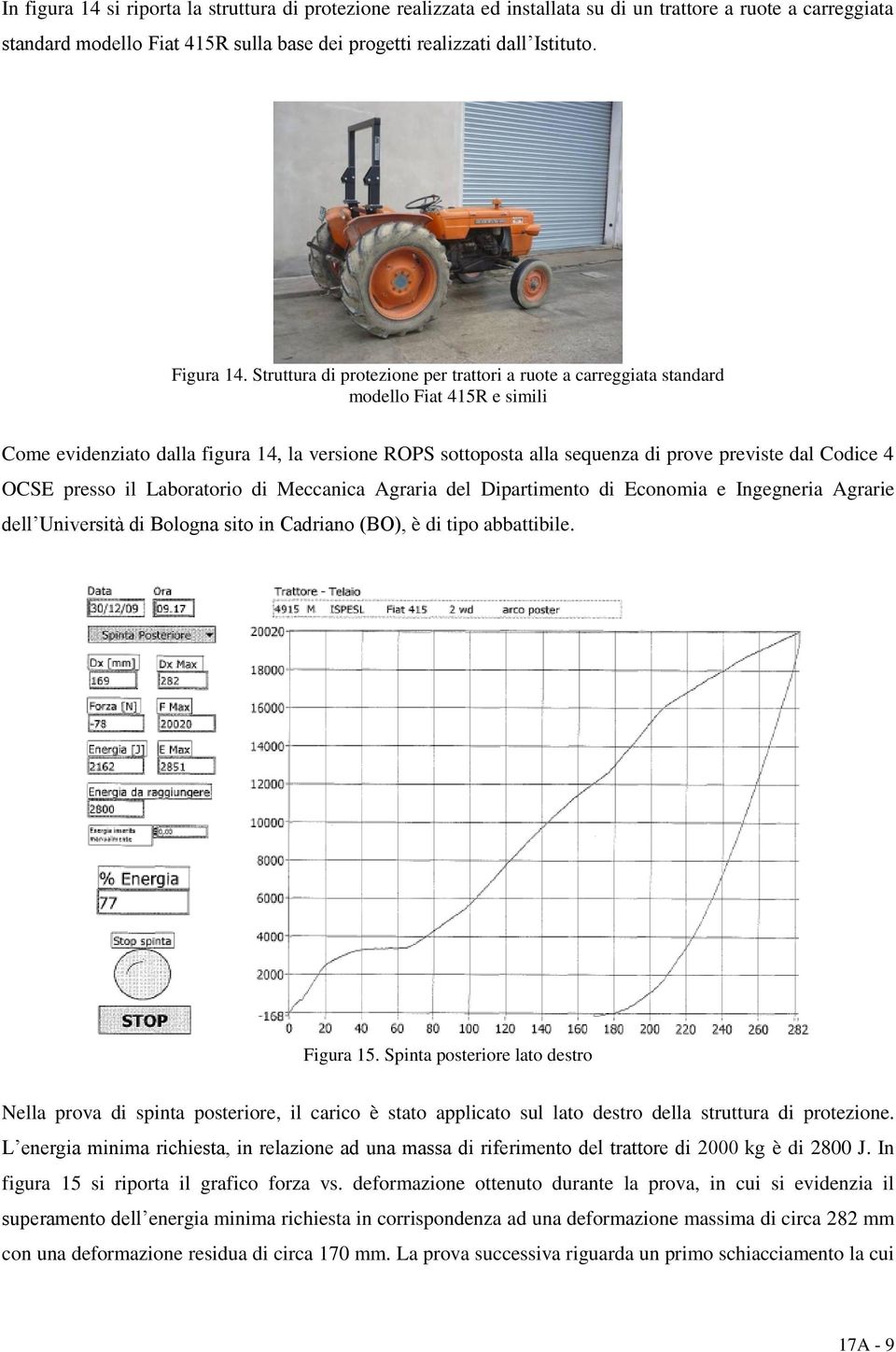 Struttura di protezione per trattori a ruote a carreggiata standard modello Fiat 415R e simili Come evidenziato dalla figura 14, la versione ROPS sottoposta alla sequenza di prove previste dal Codice