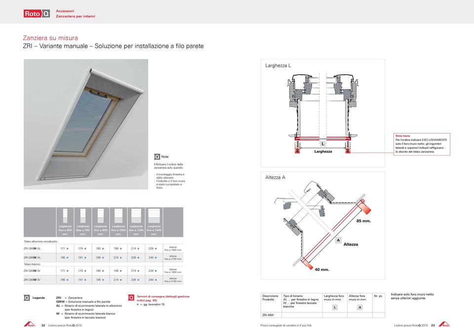 Note Effettuare l ordine della zanzariera solo quando: - il montaggio finestra é stato ultimato - l imbotte o il foro muro é stato completato e finito Altezza A Larghezza Larghezza Larghezza