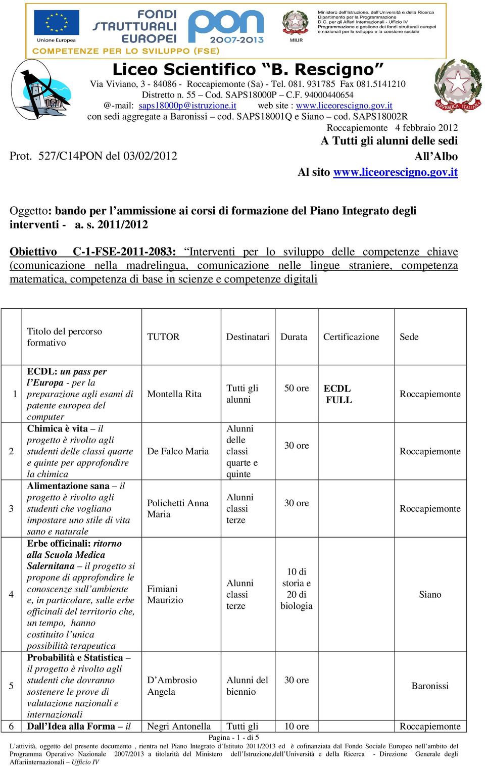 2011/2012 Obiettivo C-1-FSE-2011-2083: Interventi per lo sviluppo delle competenze chiave (comunicazione nella madrelingua, comunicazione nelle lingue straniere, competenza matematica, competenza di