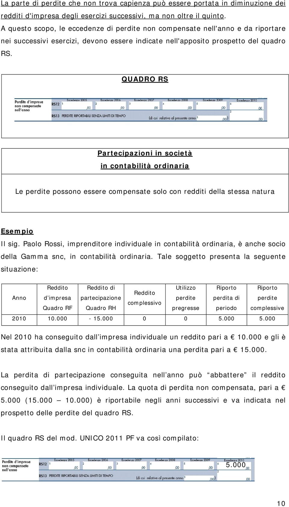 QUADRO RS Partecipazioni in società in contabilità ordinaria Le perdite possono essere compensate solo con redditi della stessa natura Esempio Il sig.