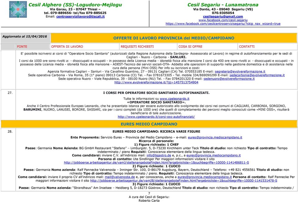 Sardegna- Assessorato al Lavoro) in regime di autofinanziamento per le sedi di Cagliari - Nuoro - Carbonia - SANLURI.