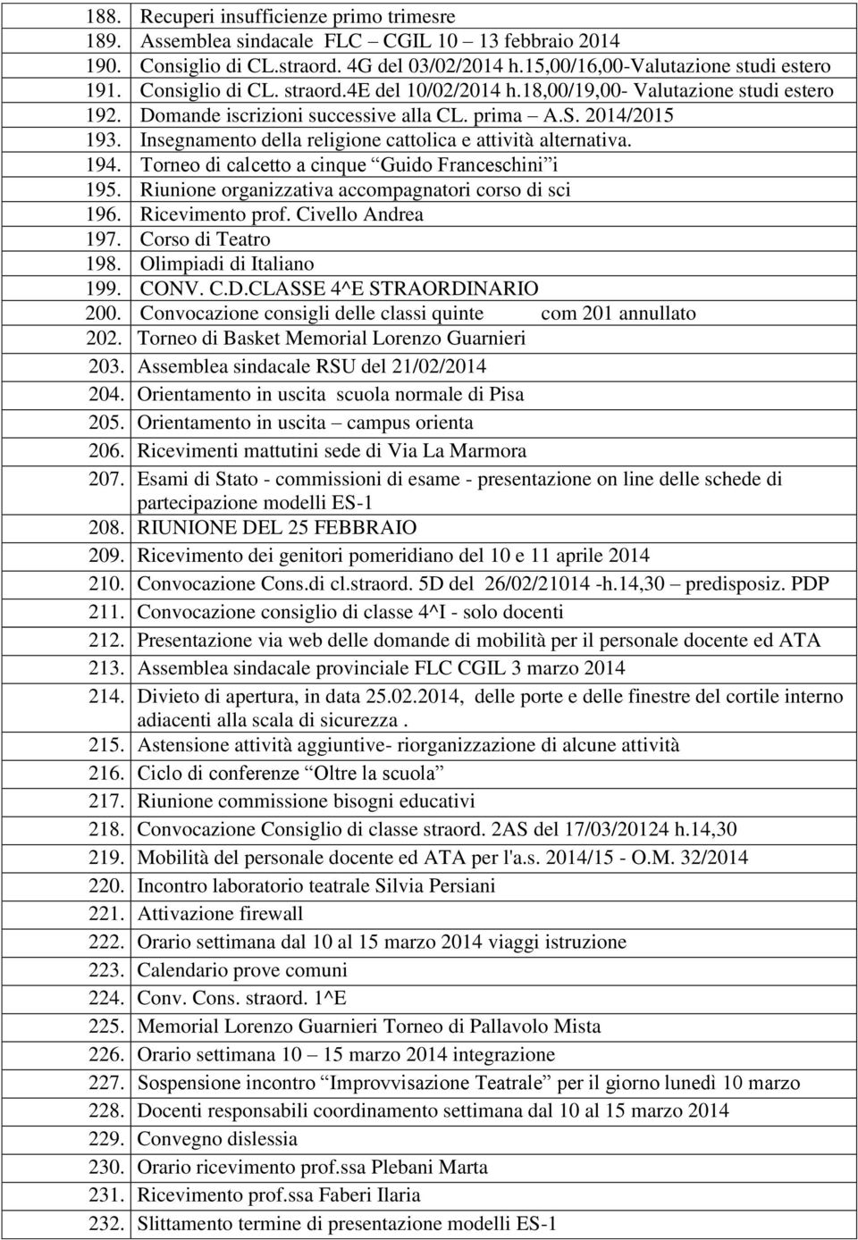 Insegnamento della religione cattolica e attività alternativa. 194. Torneo di calcetto a cinque Guido Franceschini i 195. Riunione organizzativa accompagnatori corso di sci 196. Ricevimento prof.