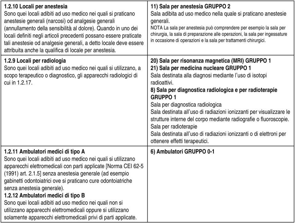 anestesia. 1.2.9 Locali per radiologia Sono quei locali adibiti ad uso medico nei quali si utilizzano, a scopo terapeutico o diagnostico, gli apparecchi radiologici di cui in 1.2.17. 1.2.11 Ambulatori medici di tipo A Sono quei locali adibiti ad uso medico nei quali si utilizzano apparecchi elettromedicali con parti applicate [Norma CEI 62-5 (1991) art.