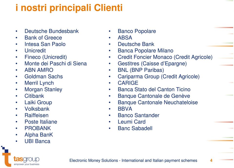 Credit Foncier Monaco (Credit Agricole) Gestitres (Caisse d Epargne) BNL (BNP Paribas) Cariparma Group (Credit Agricole) CARIGE Banca Stato del Canton Ticino Banque