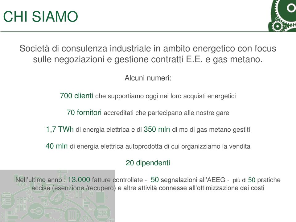 energia elettrica e di 350 mln di mc di gas metano gestiti 40 mln di energia elettrica autoprodotta di cui organizziamo la vendita 20 dipendenti Nell