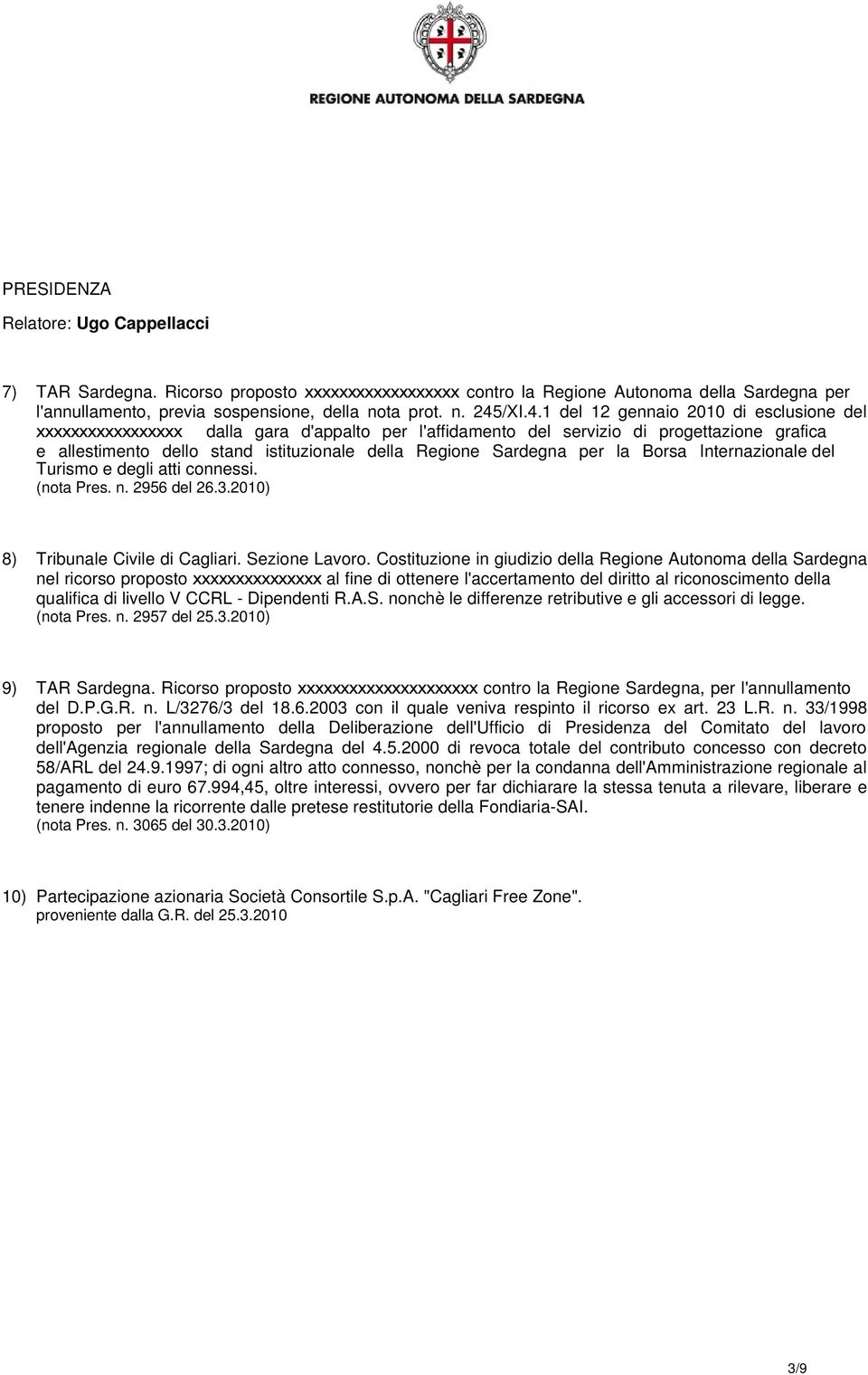Sardegna per la Borsa Internazionale del Turismo e degli atti connessi. (nota Pres. n. 2956 del 26.3.2010) 8) Tribunale Civile di Cagliari. Sezione Lavoro.