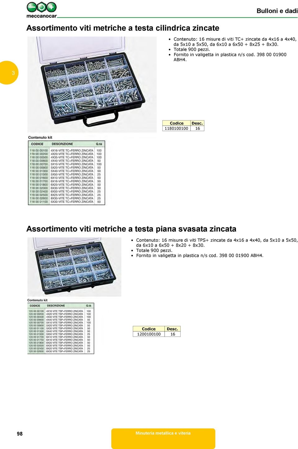 1180100100 16 Assortimento viti metriche a testa piana svasata zincata Contenuto: 16 misure di viti TPS+ zincate da 4x16 a 4x40,