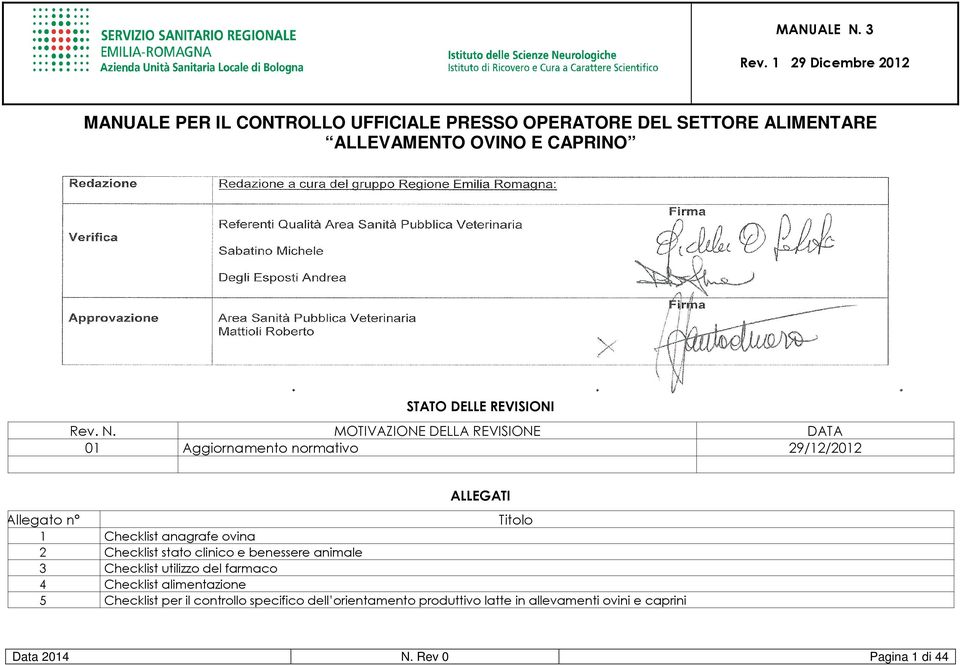 MOTIVAZIONE DELLA REVISIONE DATA 01 Aggiornamento normativo 29/12/2012 ALLEGATI Allegato n Titolo 1 Checklist anagrafe ovina