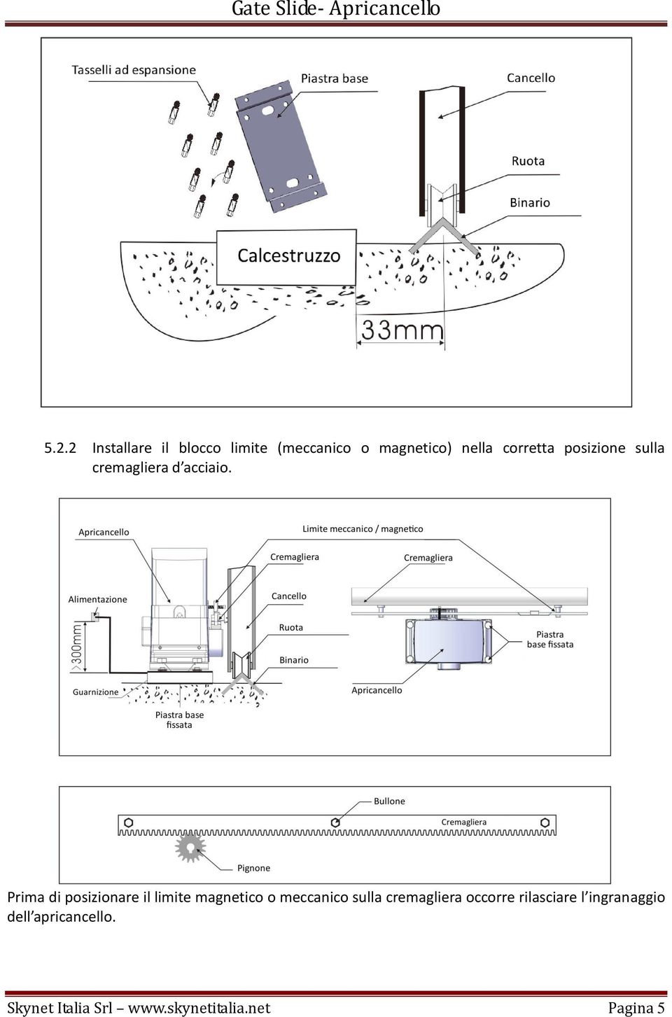 Prima di posizionare il limite magnetico o meccanico sulla cremagliera