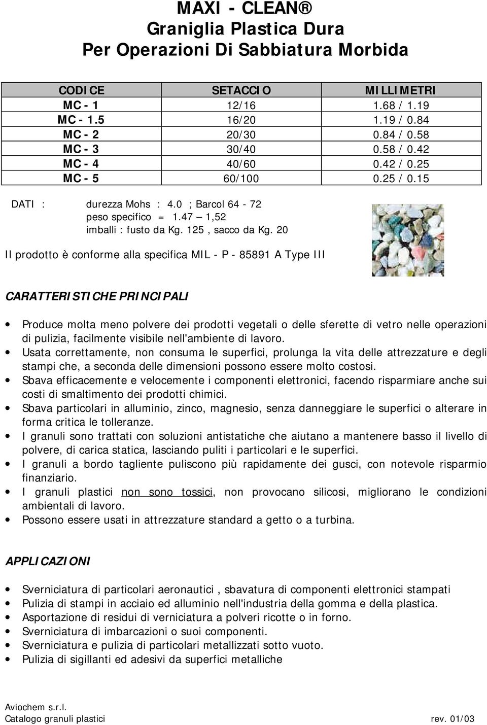 20 Il prodotto è conforme alla specifica MIL - P - 85891 A Type III CARATTERISTICHE PRINCIPALI Produce molta meno polvere dei prodotti vegetali o delle sferette di vetro nelle operazioni di pulizia,