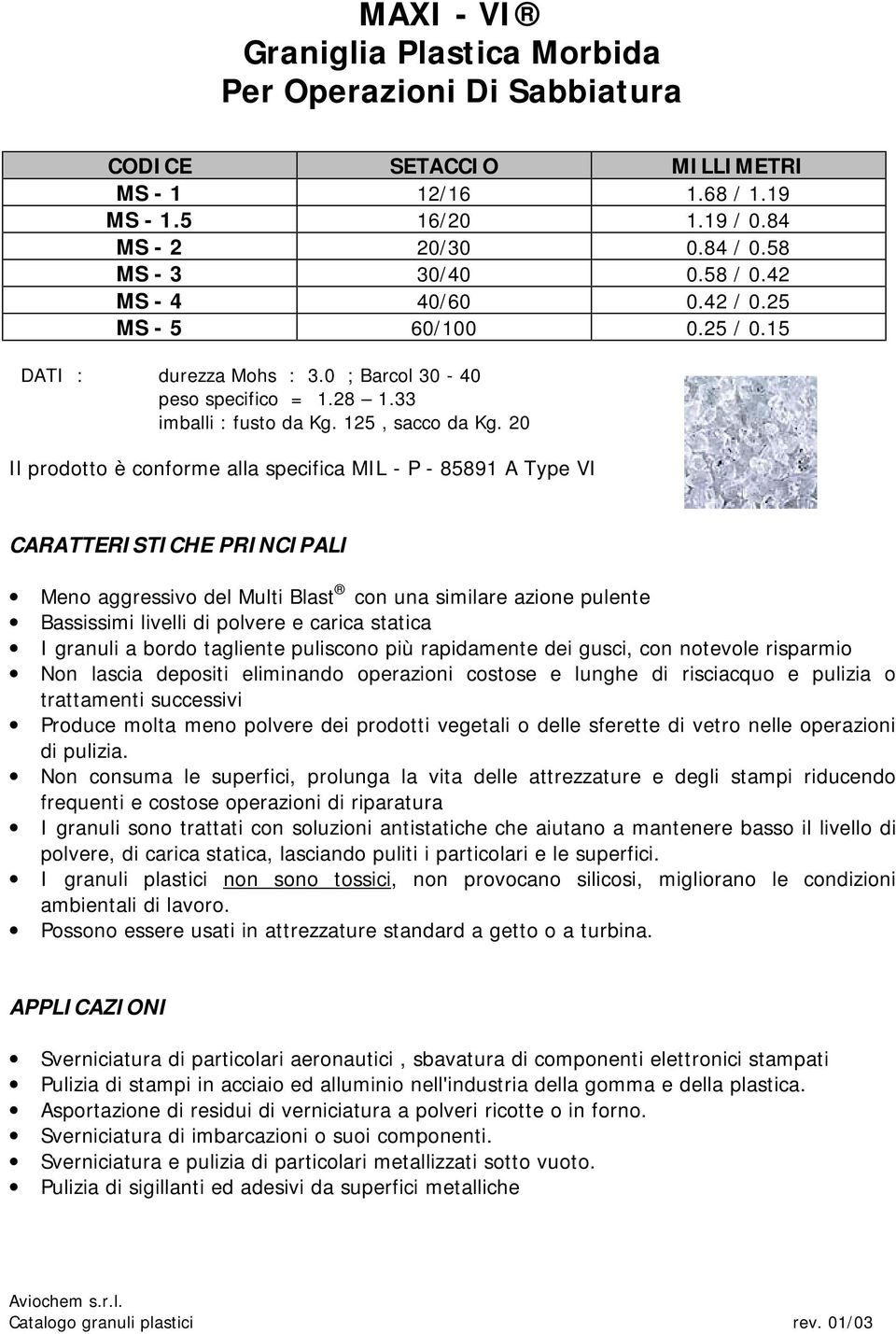 20 Il prodotto è conforme alla specifica MIL - P - 85891 A Type VI CARATTERISTICHE PRINCIPALI Meno aggressivo del Multi Blast con una similare azione pulente Bassissimi livelli di polvere e carica