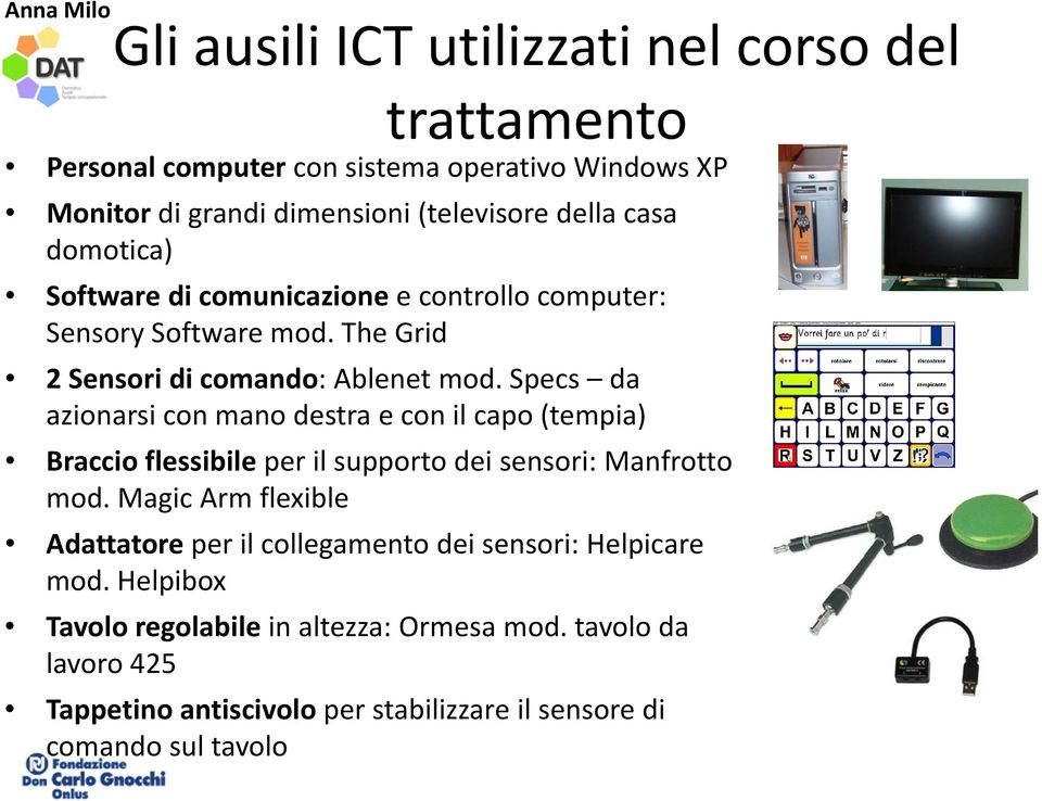 Specs da azionarsi con mano destra e con il capo (tempia) Braccio flessibile per il supporto dei sensori: Manfrotto mod.