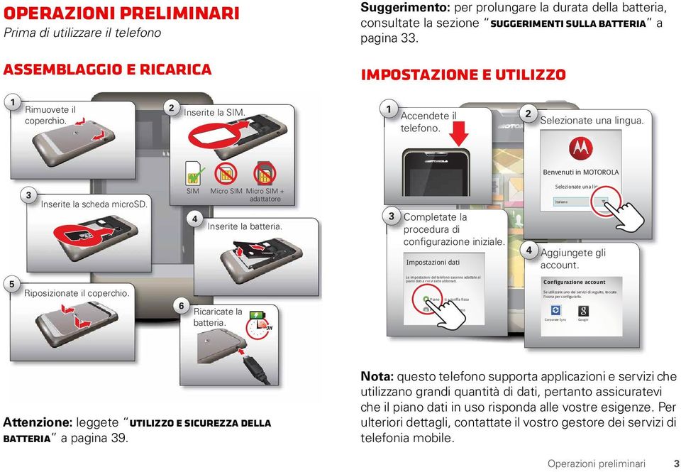 SIM 4 Micro SIM Micro SIM + adattatore Inserite la batteria. 3 Completate la procedura di configurazione iniziale. Impostazioni dati 4 Selezionate una lingua Italiano Aggiungete gli account.