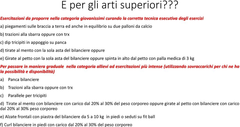 trazioni alla sbarra oppure con trx c) dip tricipiti in appoggio su panca d) tirate al mento con la sola asta del bilanciere oppure e) Girate al petto con la sola asta del bilanciere oppure spinta in