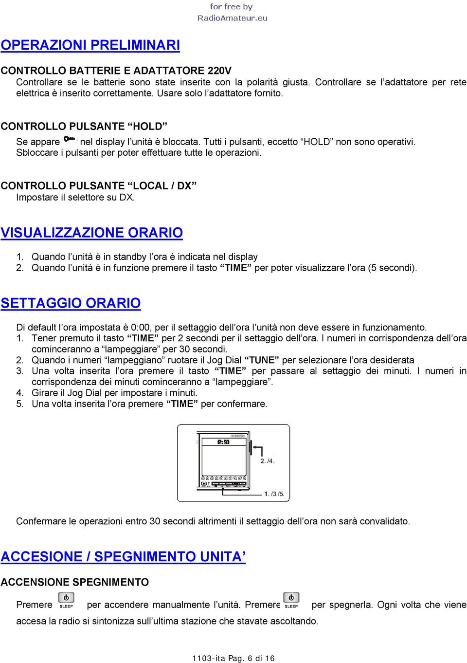 Tutti i pulsanti, eccetto HOLD non sono operativi. Sbloccare i pulsanti per poter effettuare tutte le operazioni. CONTROLLO PULSANTE LOCAL / DX Impostare il selettore su DX. VISUALIZZAZIONE ORARIO 1.