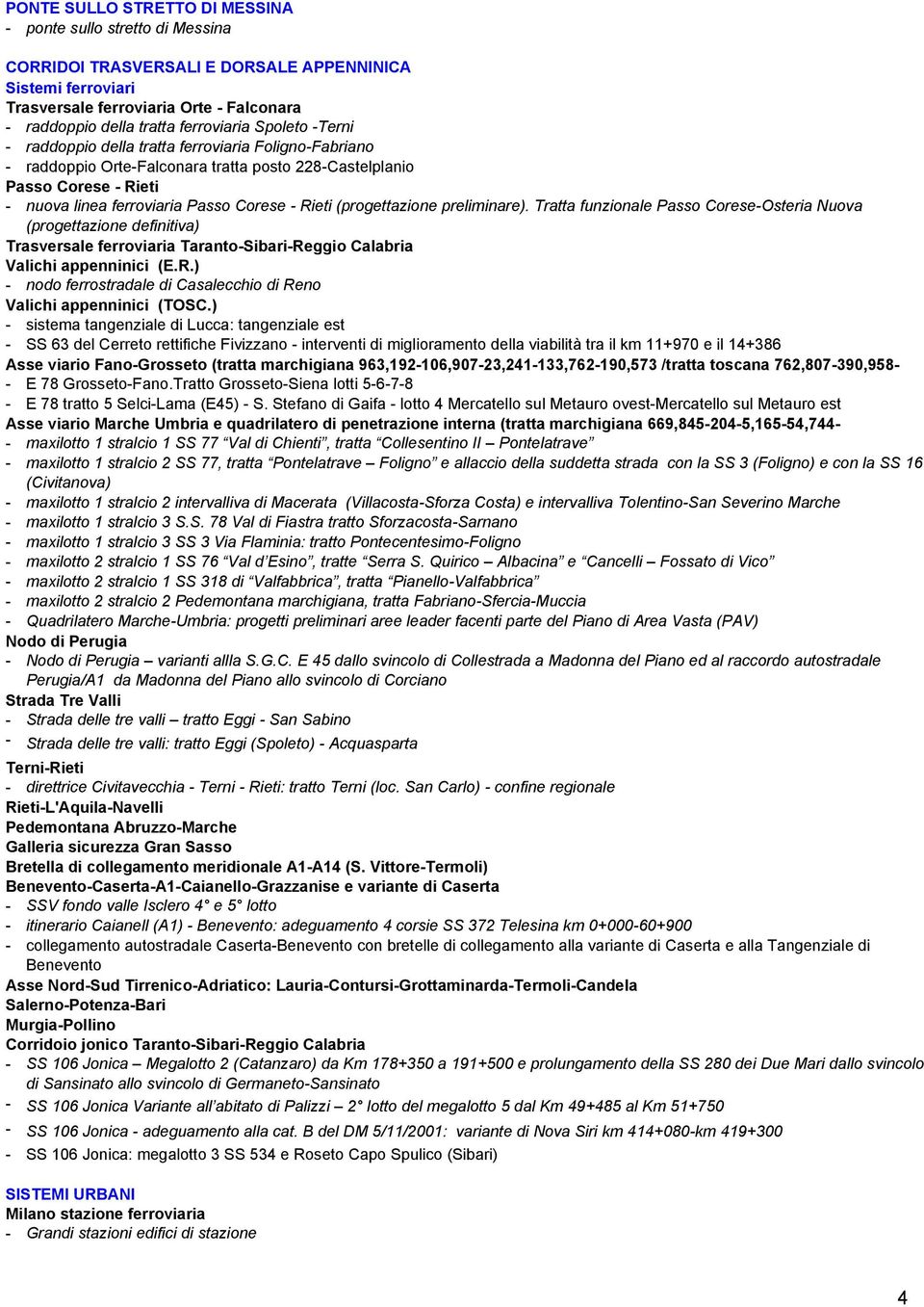 Tratta funzionale Passo CoreseOsteria Nuova (progettazione definitiva) Trasversale ferroviaria TarantoSibariReggio Calabria Valichi appenninici (E.R.) nodo ferrostradale di Casalecchio di Reno Valichi appenninici (TOSC.