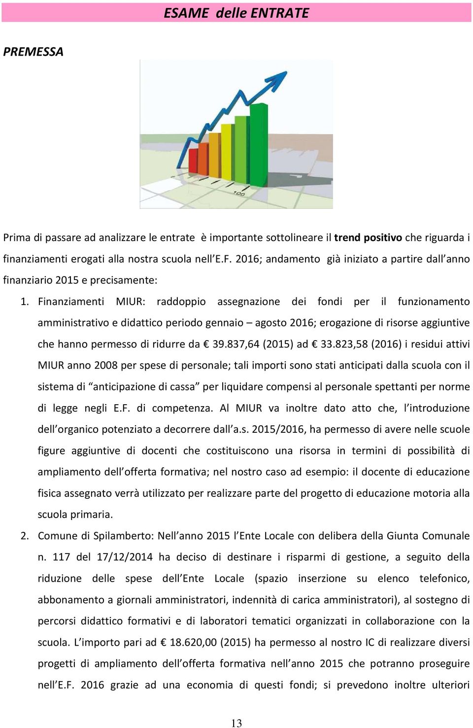 Finanziamenti MIUR: raddoppio assegnazione dei fondi per il funzionamento amministrativo e didattico periodo gennaio agosto 2016; erogazione di risorse aggiuntive che hanno permesso di ridurre da 39.