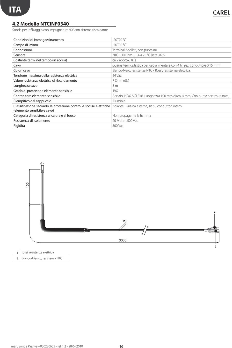 Tensione massima della resistenza elettrica 24 Vac Valore resistenza elettrica di riscaldamento 7 Ohm ±0,6 Lunghezza cavo 3 m IP67 Acciaio INOX AISI 316. Lunghezza 100 mm diam. 4 mm.