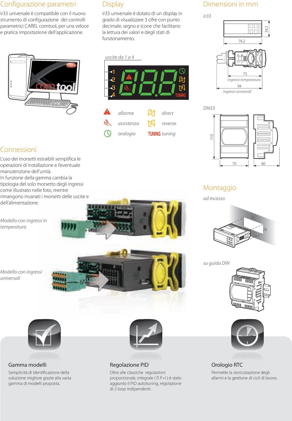 Dimensioni in mm ir33 76.2 34.2 uscite da 1 a 4 75 ingressi temperatura 94 ingressi universali 34.2 allarme direct DN33 76.