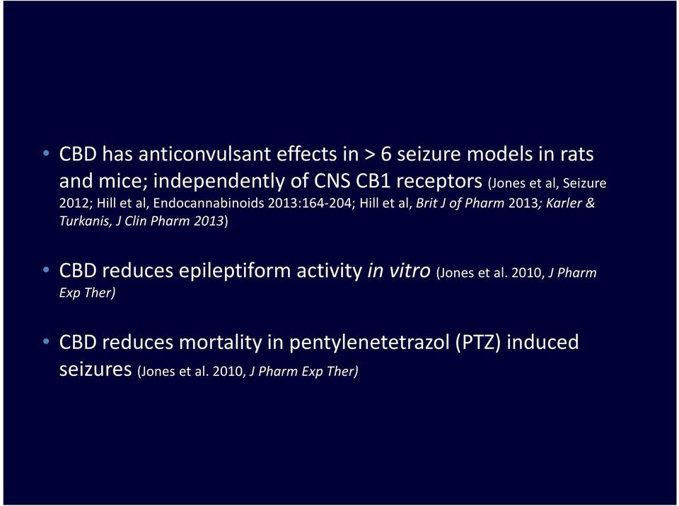 Karler& Turkanis, J Clin Pharm 2013) CBD reduces epileptiformactivity in vitro (Jones et al.