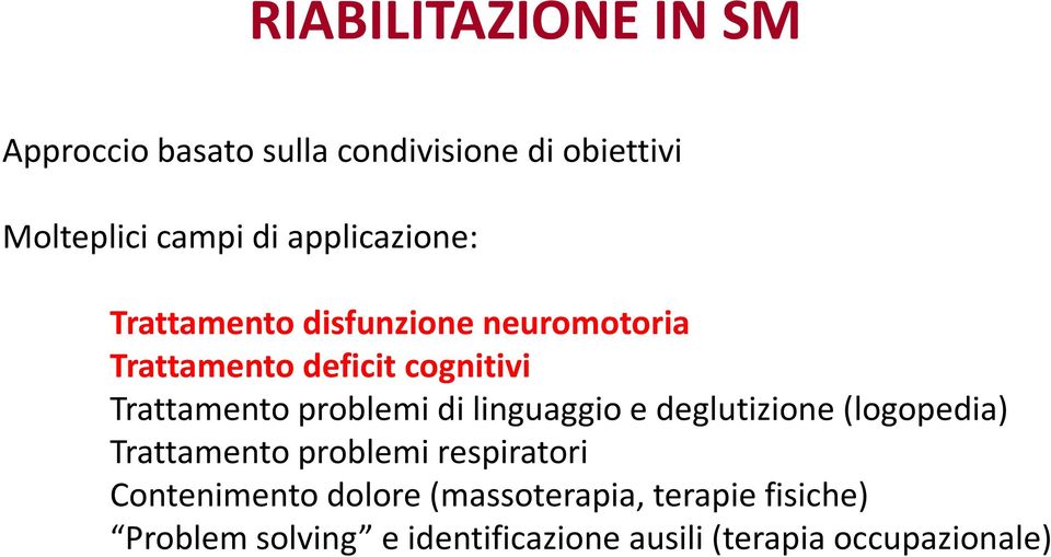 linguaggio e deglutizione (logopedia) Trattamento problemi respiratori Contenimento dolore