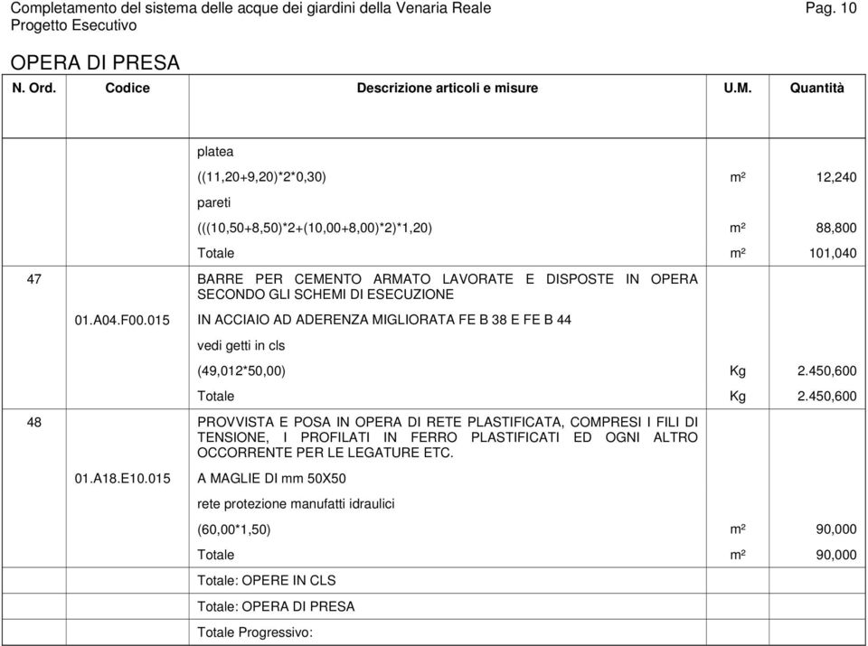 015 BARRE PER CEMENTO ARMATO LAVORATE E DISPOSTE IN OPERA SECONDO GLI SCHEMI DI ESECUZIONE IN ACCIAIO AD ADERENZA MIGLIORATA FE B 38 E FE B 44 vedi getti in cls (49,012*50,00) Kg 2.