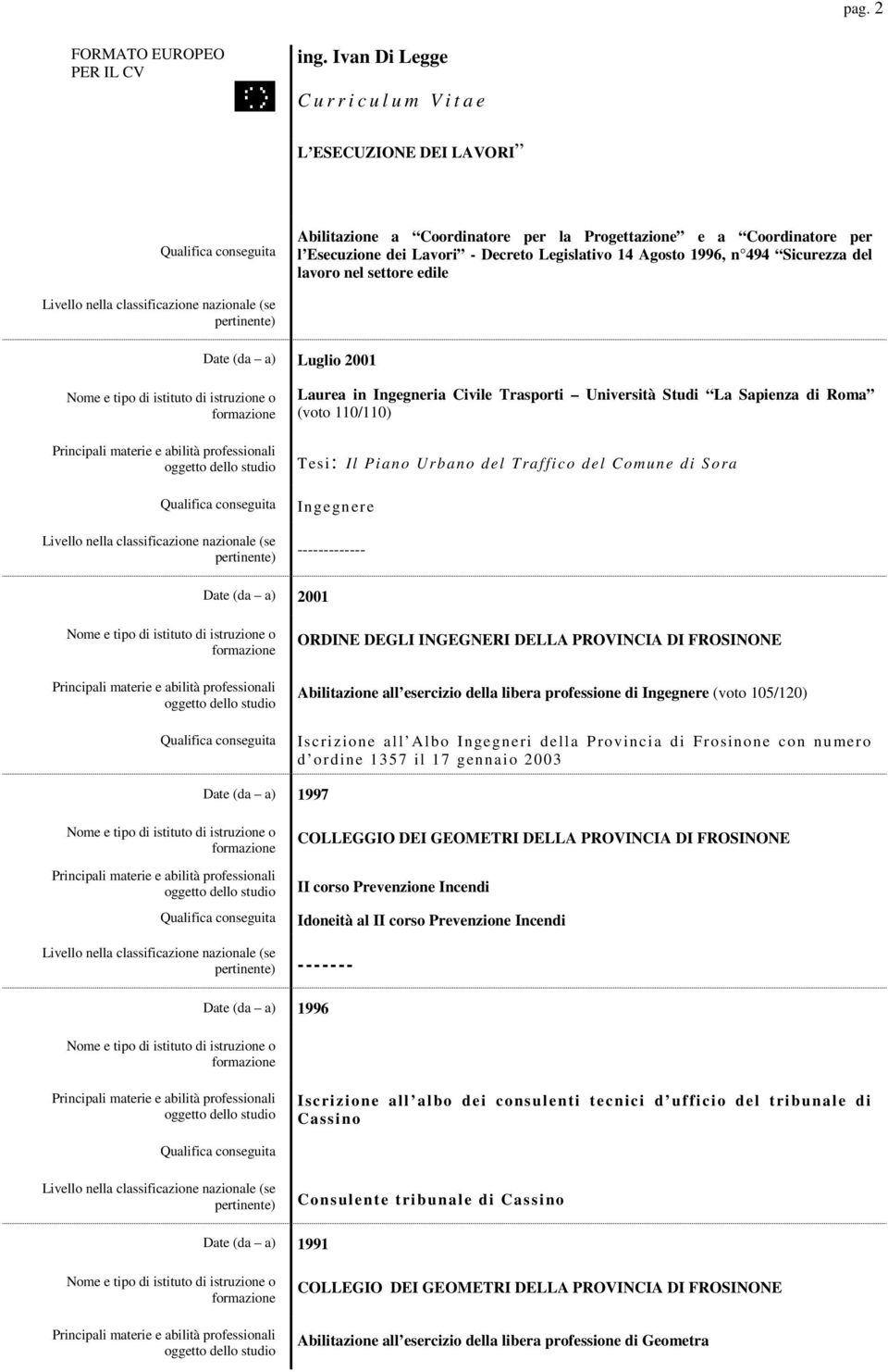 (da a) 2001 ORDINE DEGLI INGEGNERI DELLA PROVINCIA DI FROSINONE Abilitazione all esercizio della libera professione di Ingegnere (voto 105/120) Iscrizione all Albo Ingegn eri della con nu mero d